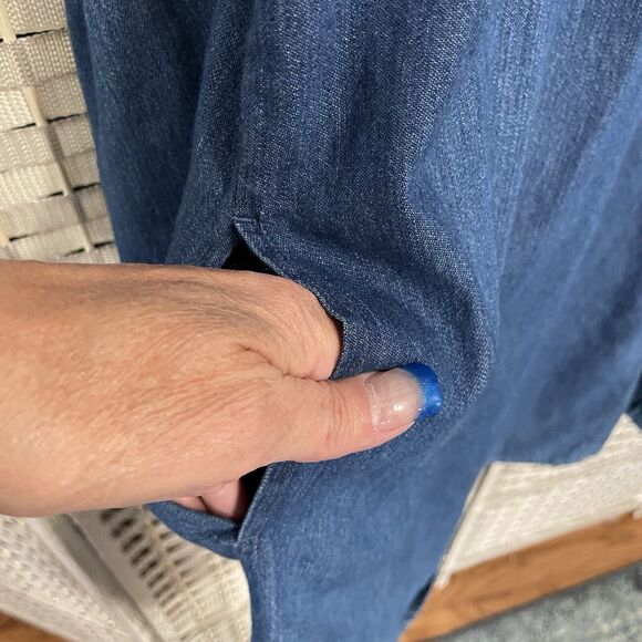 GAP Denim Dress Size M Medium Indigo Blue Lace Front 3/4 Bell Sleeve Pockets - Picture 5 of 10